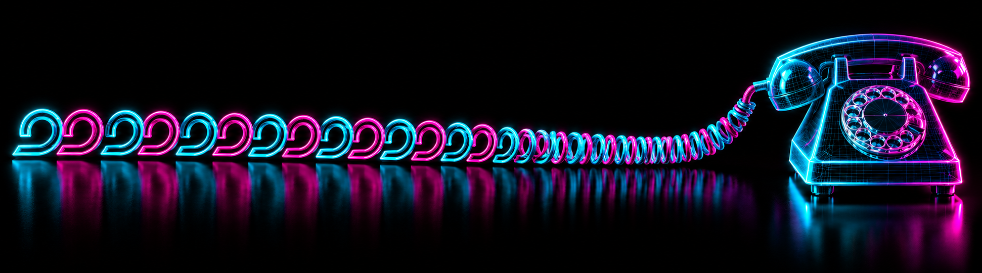 A neon telephone with its cord looping across the floor