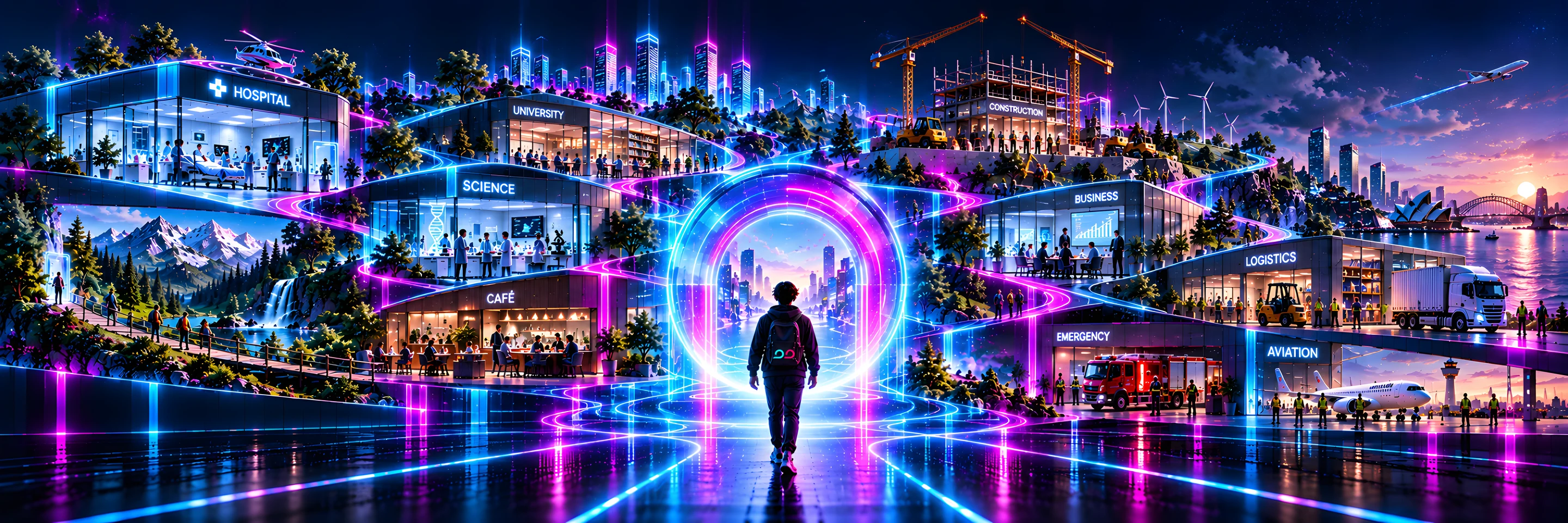 A learner with a Looping backpack walks towards a glowing portal. Around it, linked by paths of light, are the worlds an Immersive Learning Module can take them to: a hospital, a university, a science lab, a construction site, a business office, a café, a logistics depot, an emergency station and an airport, with Sydney Harbour at sunset in the distance.