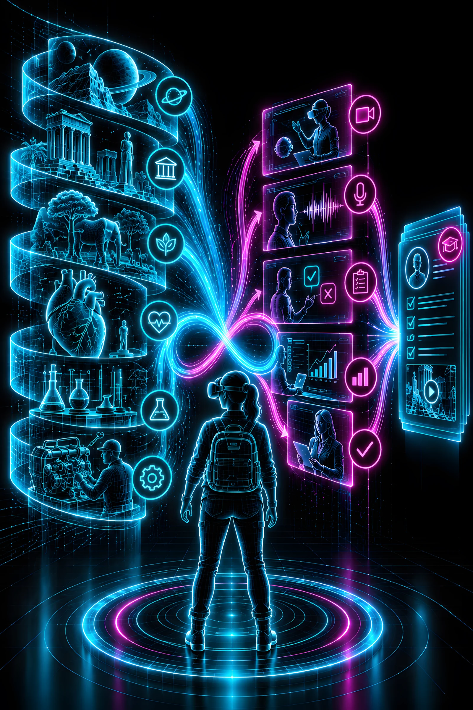 A learner in a VR headset at the centre, with subjects like history, science, health and engineering flowing in, and their responses, decisions and results flowing out as evidence