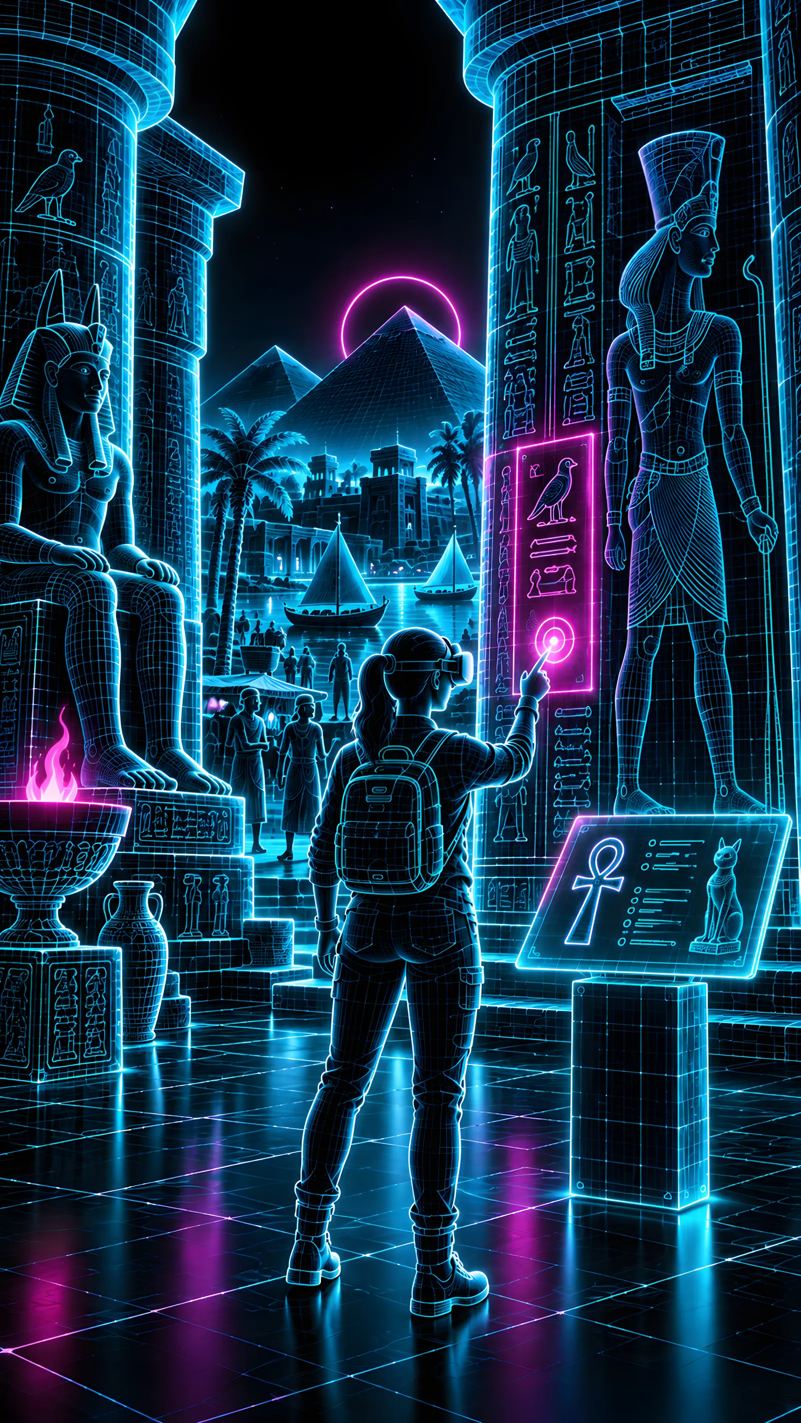 A learner in a VR headset exploring an ancient Egyptian temple, reading hieroglyphs and touching an interactive display