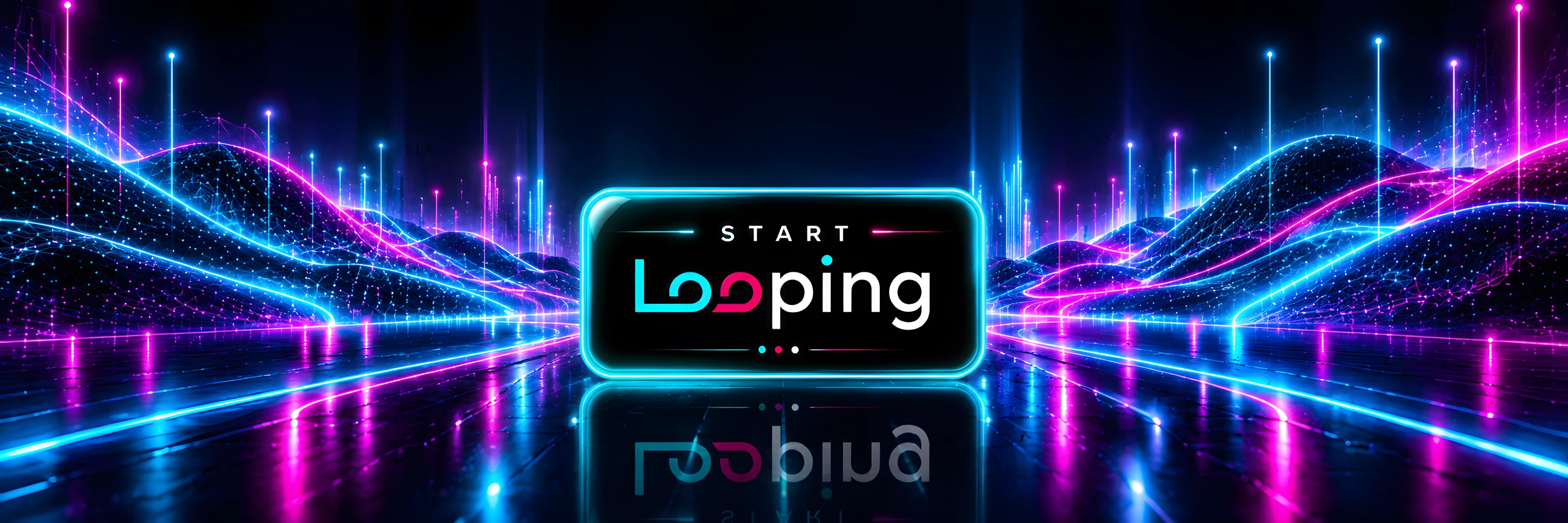 A glowing sign reading Start Looping, reflected in a glossy floor, with neon hills and points of light stretching away on both sides.