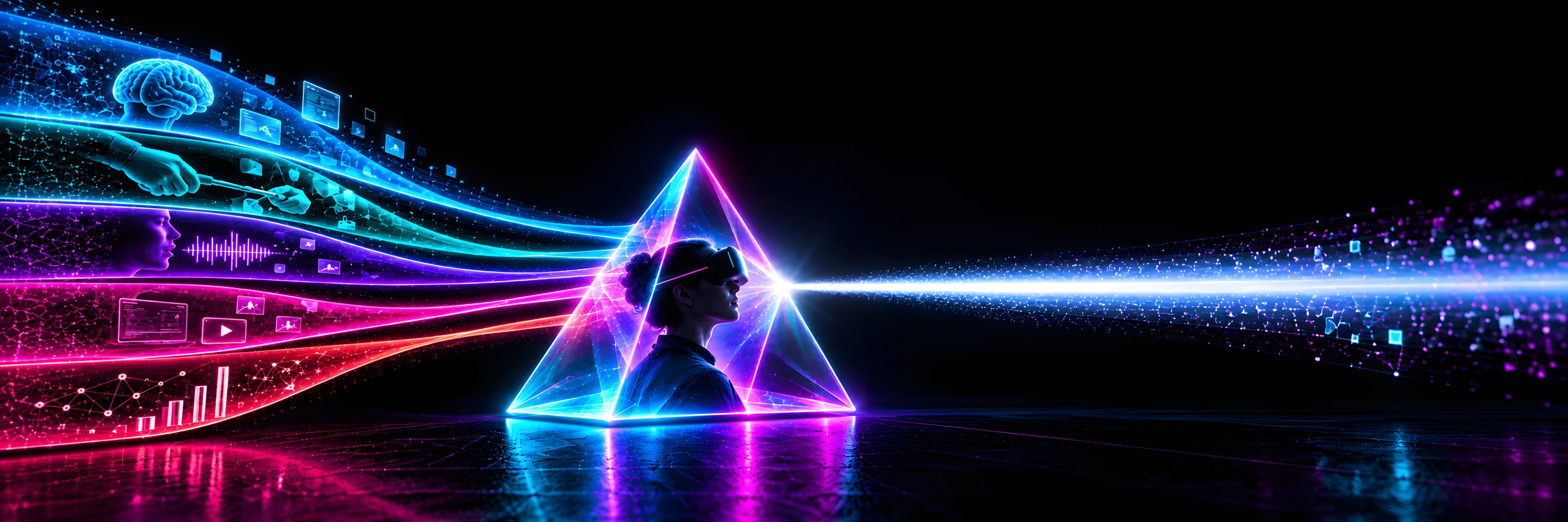 Five streams of coloured light, carrying learning content, practical work, conversation, screens and analytics, flow into a glass prism. Inside it a learner wears a VR headset, and a single beam of white light leaves the other side, spreading into a field of data.