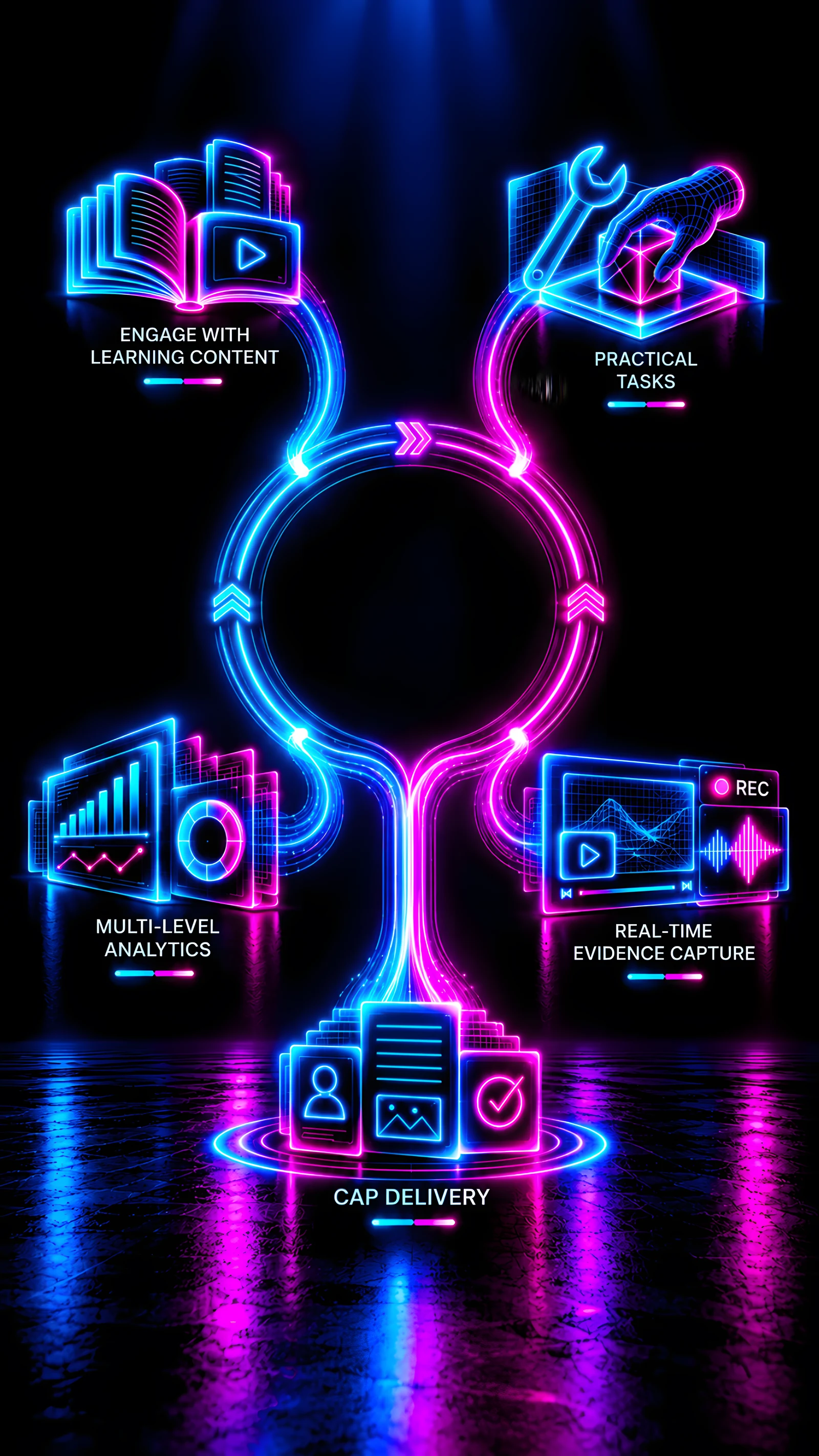 The Assessment Convergence Model: five parts joined by one continuous glowing loop. Engage with learning content, practical tasks, real-time evidence capture, CAP delivery and multi-level analytics.