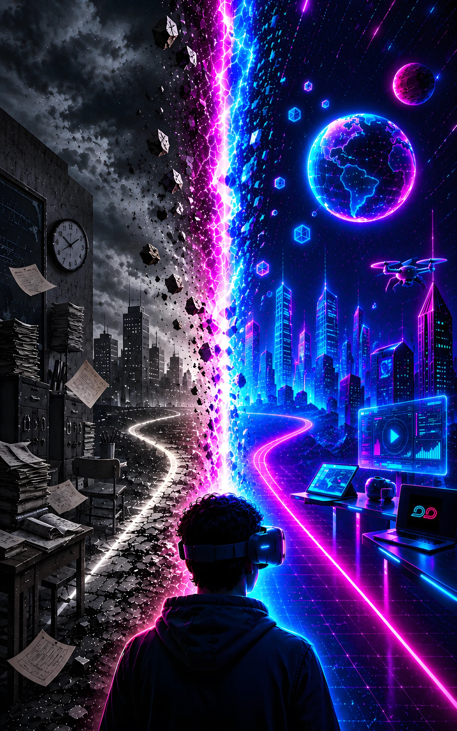 A learner in a VR headset stands between two worlds: on the left a grey classroom of paper, filing cabinets and a wall clock, on the right a bright neon city with screens, a globe and a laptop showing the Looping logo.
