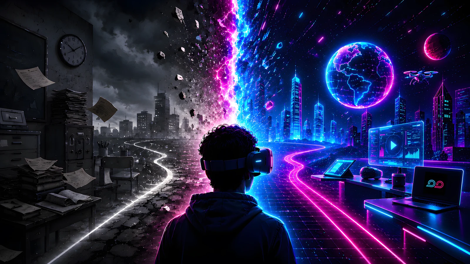 A learner in a VR headset stands between two worlds: on the left a grey, crumbling past of paper and clocks; on the right a bright, connected future.