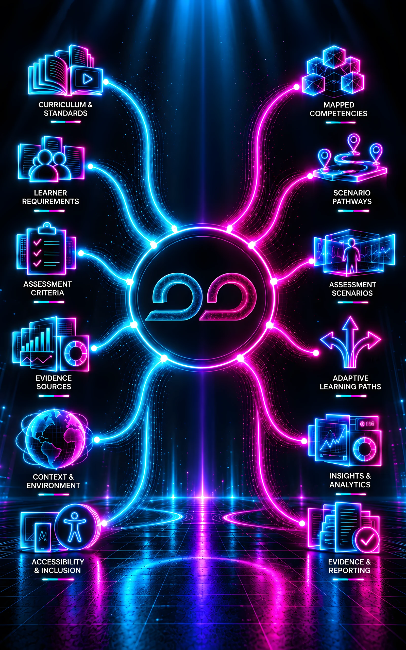 Looping's Mapping Framework and Scenario Generator. On the left, six inputs in cyan: curriculum and standards, learner requirements, assessment criteria, evidence sources, context and environment, accessibility and inclusion. They flow into a central ring holding the Looping symbol, and flow out on the right in magenta as six outputs: mapped competencies, scenario pathways, assessment scenarios, adaptive learning paths, insights and analytics, evidence and reporting.