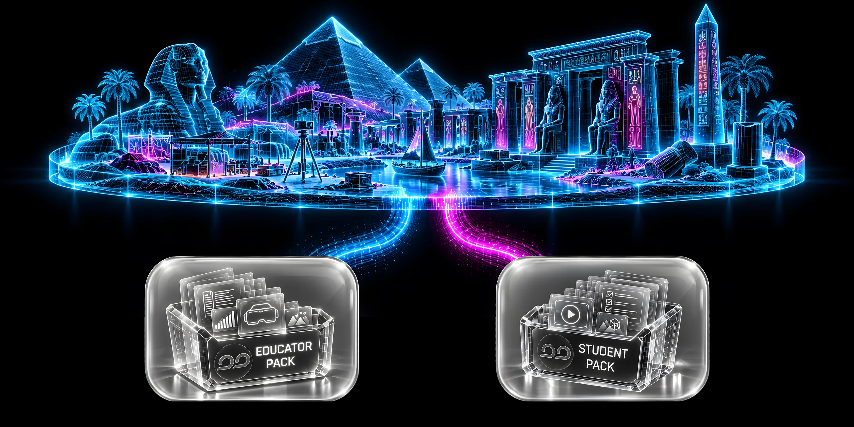 A neon wireframe ancient Egypt learning environment with the Sphinx, pyramids, a temple and an obelisk on a floating disc, with two streams of light flowing down into two glass crates of documents, the Educator Pack and the Student Pack.