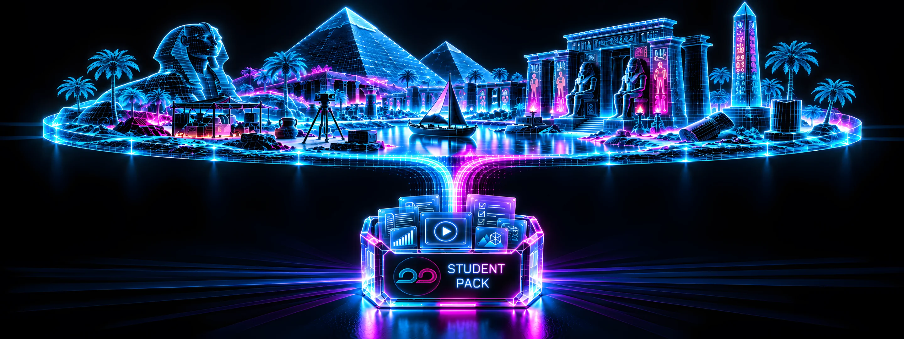 A neon wireframe ancient Egypt learning environment on a floating disc, with a stream of light flowing down into a glass crate of documents, the Student Pack.