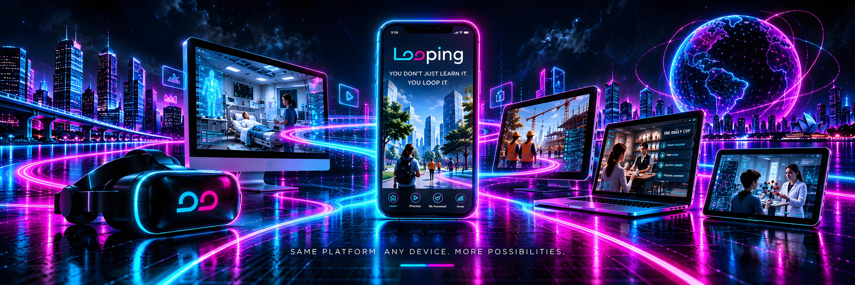 The Looping app on every device: a phone in the centre showing the Looping home screen, with a VR headset, a desktop computer, a laptop and tablets around it, each running a different Immersive Learning Module, in a neon city at night. Same platform. Any device. More possibilities.